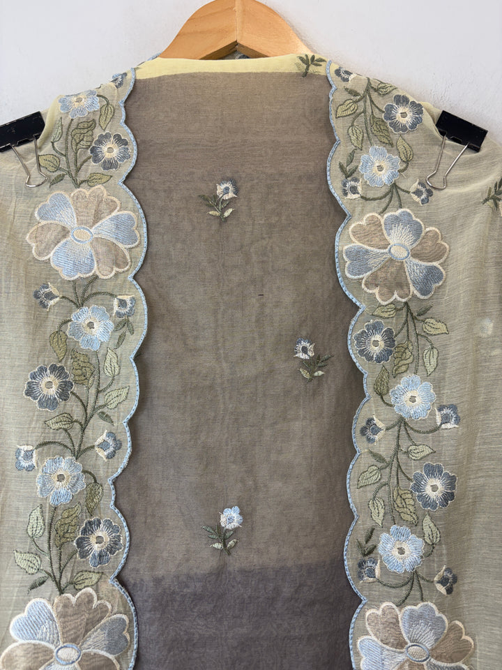 Aanya – Grey with Yellow Mul Chanderi Ombre Appliqué Suit