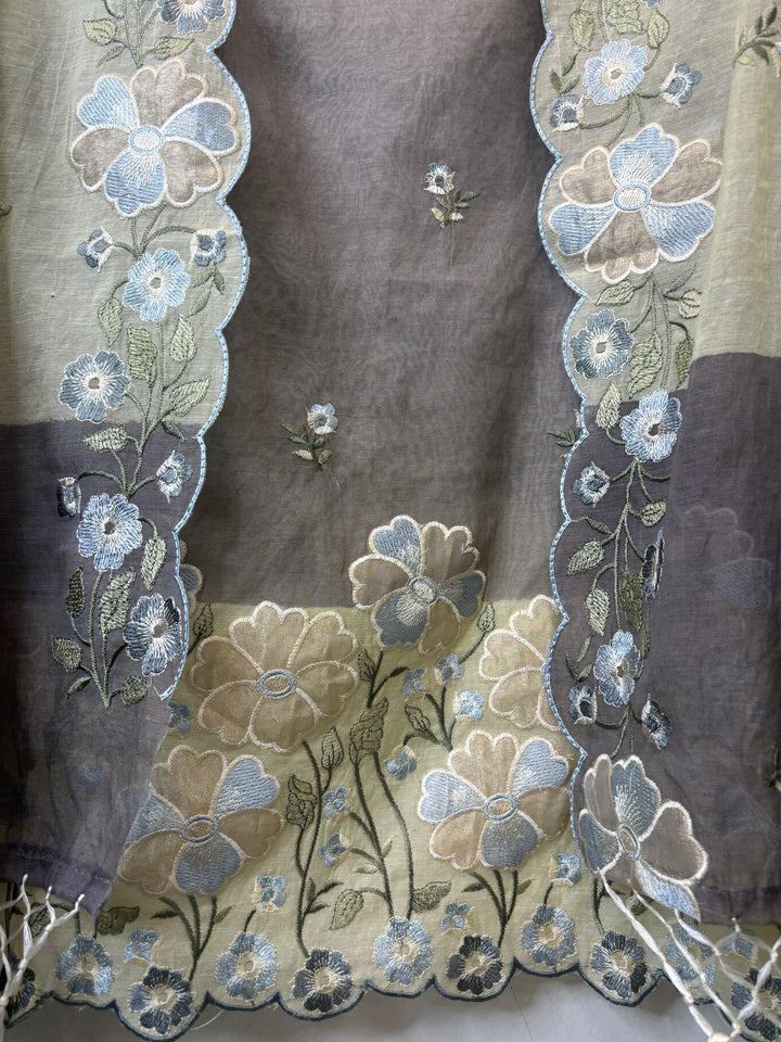 Aanya – Grey with Yellow Mul Chanderi Ombre Appliqué Suit