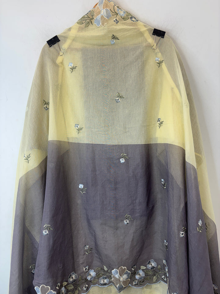 Aanya – Grey with Yellow Mul Chanderi Ombre Appliqué Suit