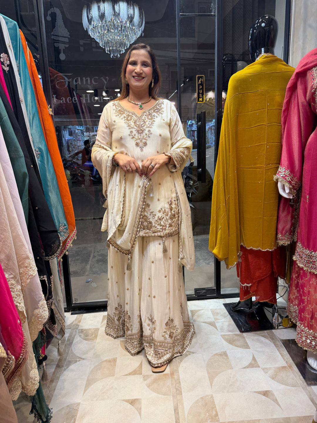 Zehvaya – Ivory Chinon Beaded Sharara Set