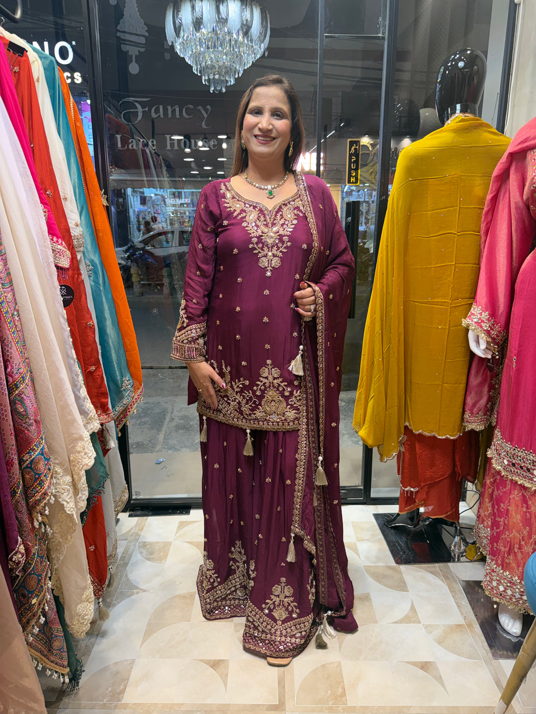 Zehvaya – Wine Chinon Beaded Sharara Set