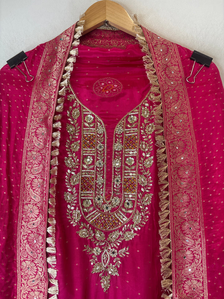 Noor – Rani Pink Silk Banarasi Dabka Mirror Work Suit