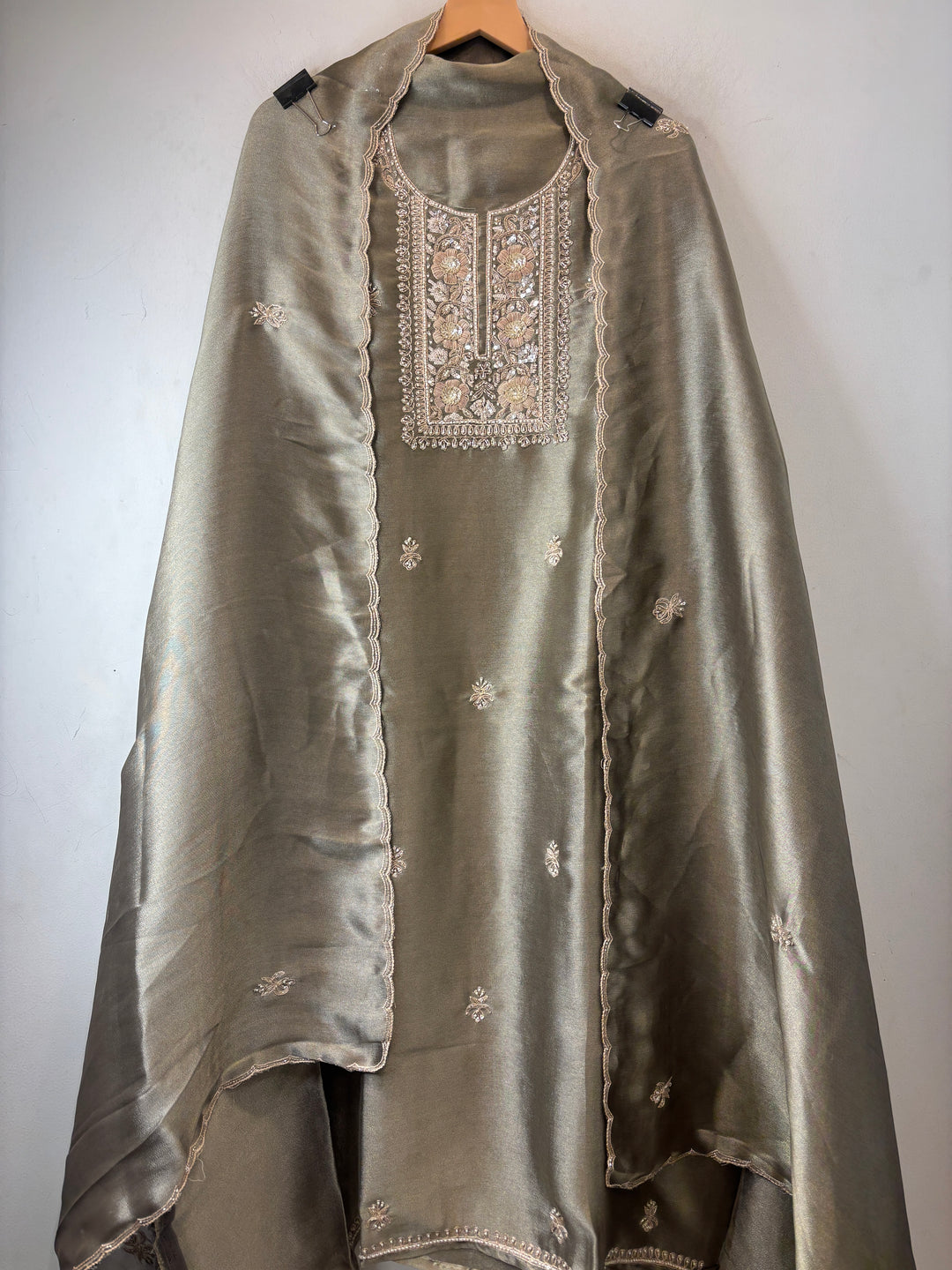 Meher – Greyish Sage Tissue Giraffe Pearl Dabka Suit