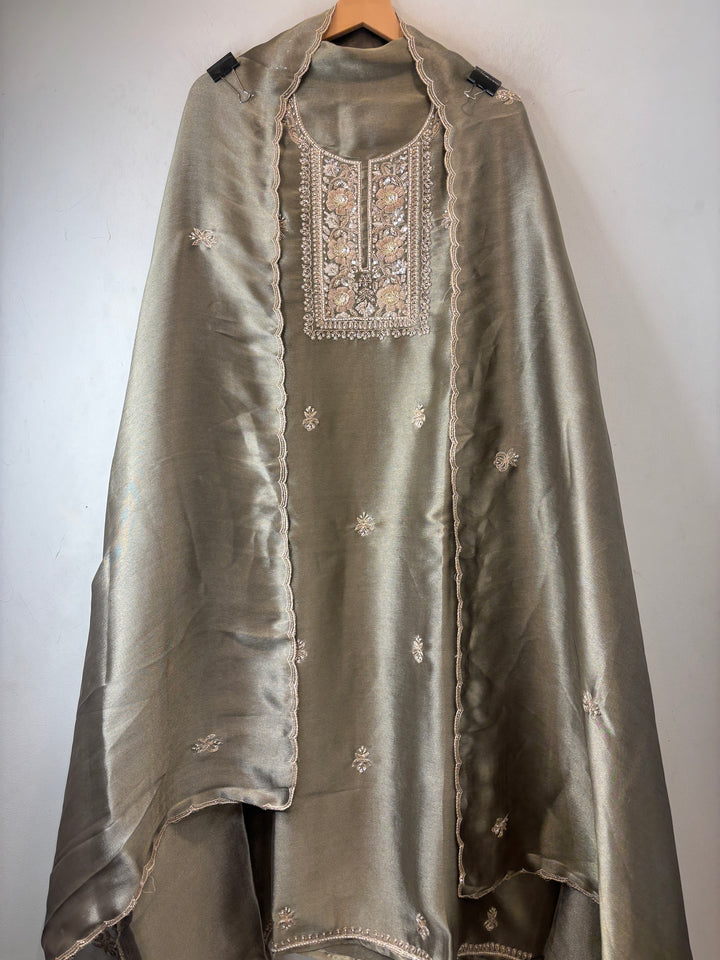 Meher – Greyish Sage Tissue Giraffe Pearl Dabka Suit