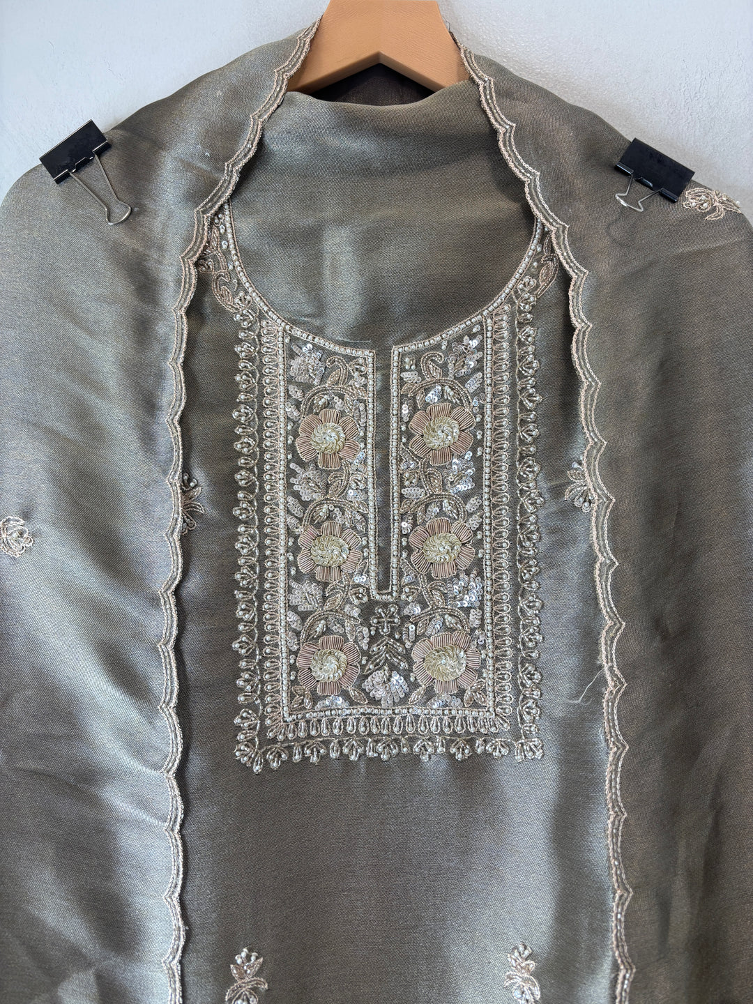 Meher – Greyish Sage Tissue Giraffe Pearl Dabka Suit