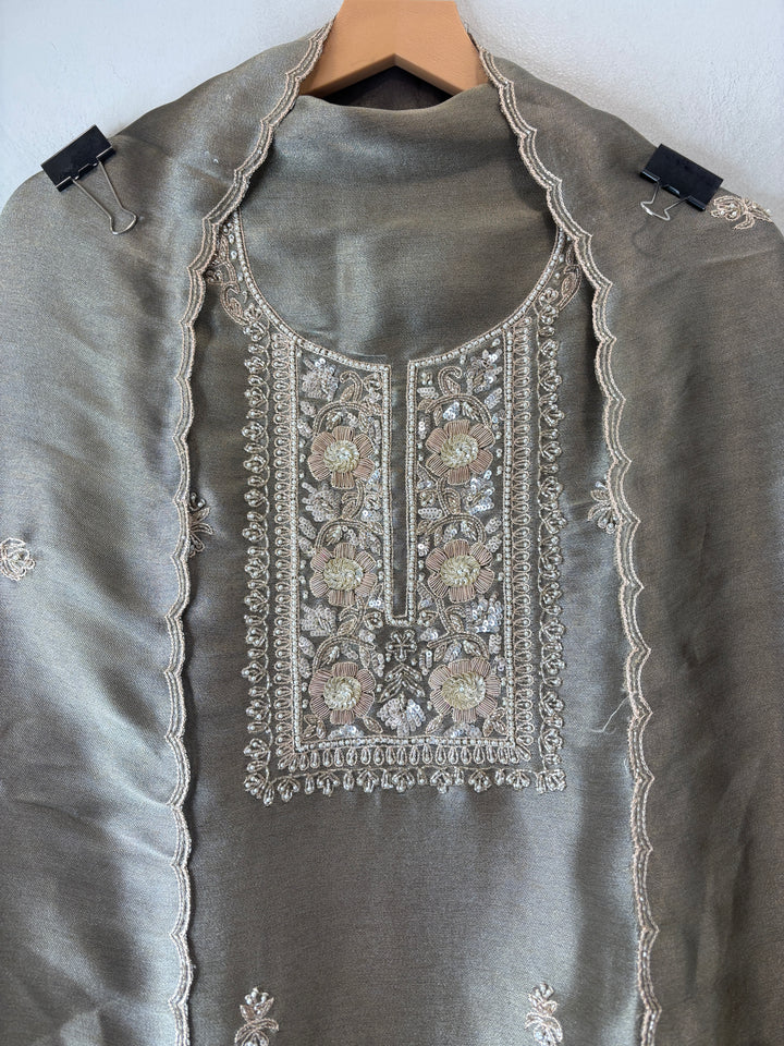 Meher – Greyish Sage Tissue Giraffe Pearl Dabka Suit