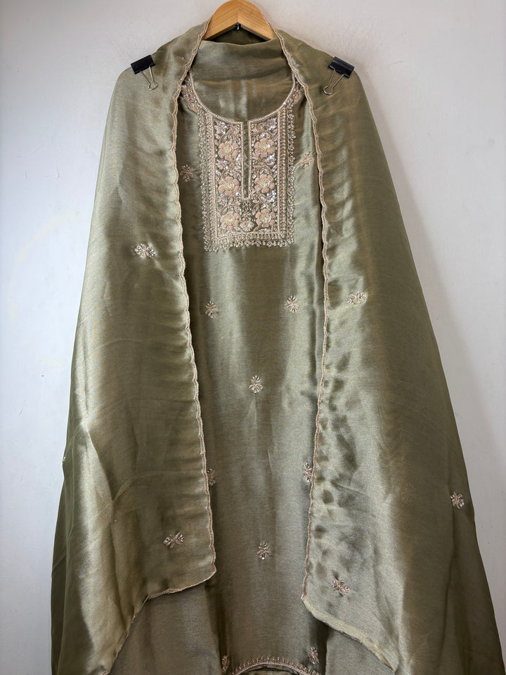 Meher – Sage Green Tissue Giraffe Pearl Dabka Suit