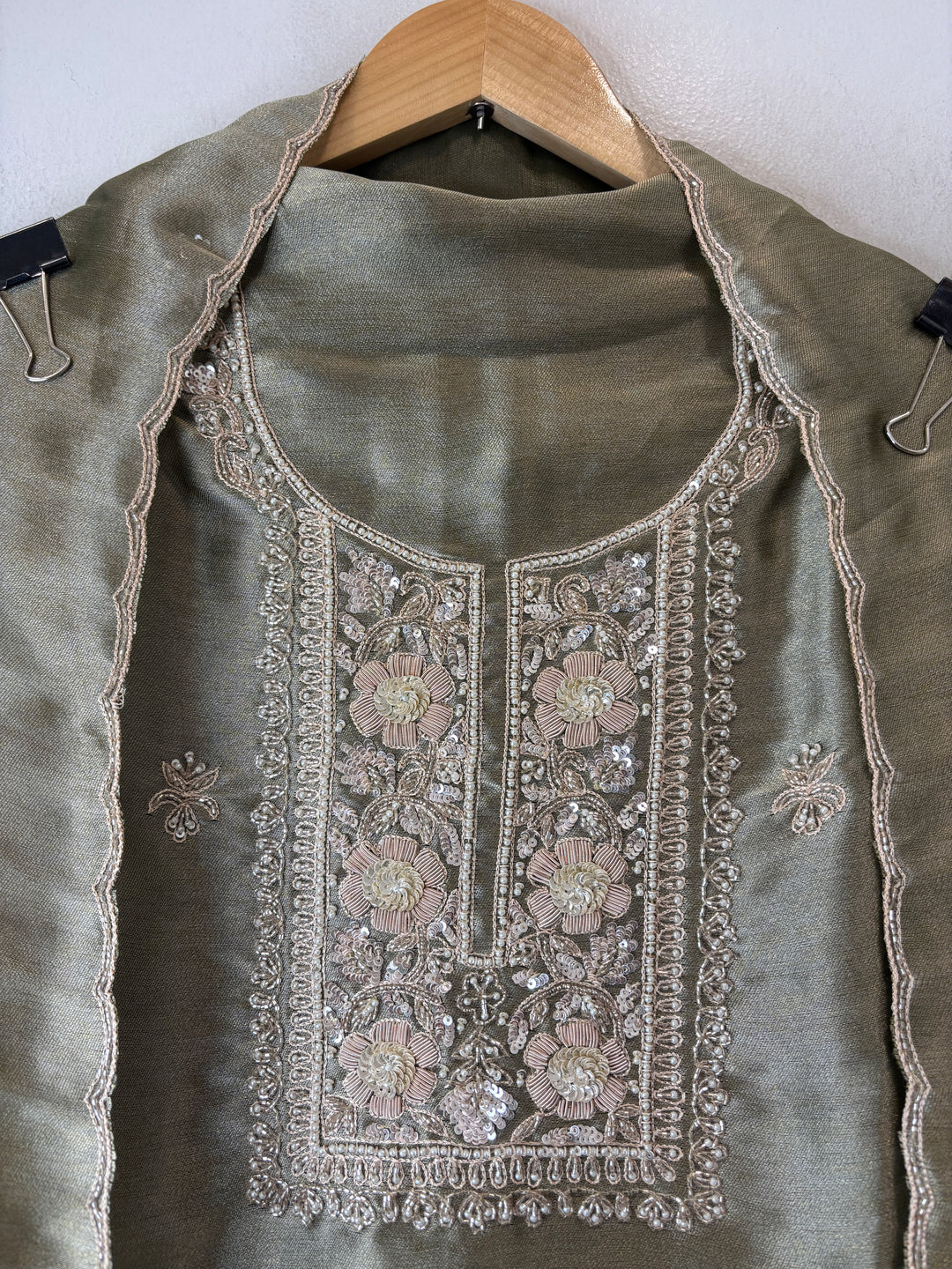 Meher – Sage Green Tissue Giraffe Pearl Dabka Suit