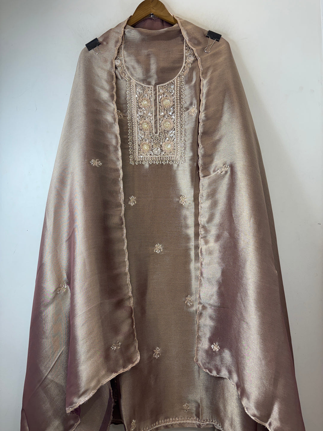 Meher – Dusky Rose Beige Tissue Giraffe Pearl Dabka Suit