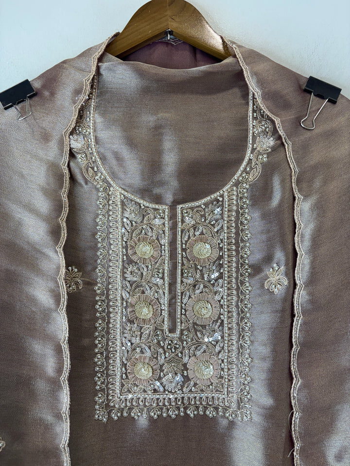 Meher – Dusky Rose Beige Tissue Giraffe Pearl Dabka Suit