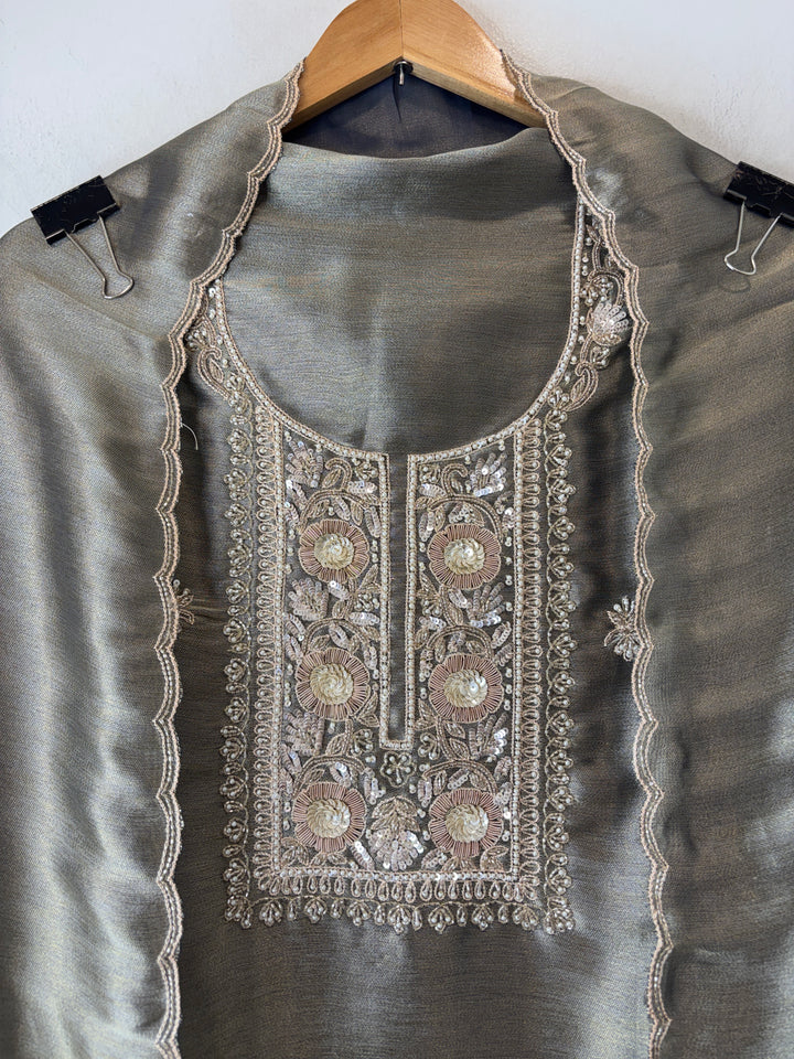 Meher – Steel Grey Tissue Giraffe Pearl Dabka Suit