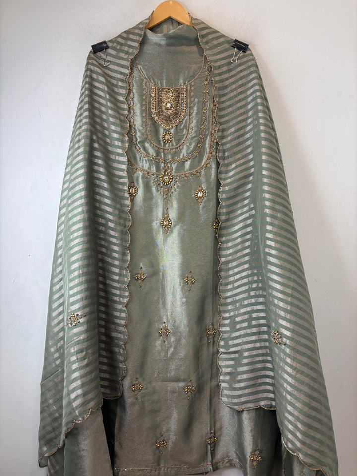 Meher – Mint Green Giraffe Tissue Dabka Kundan Suit