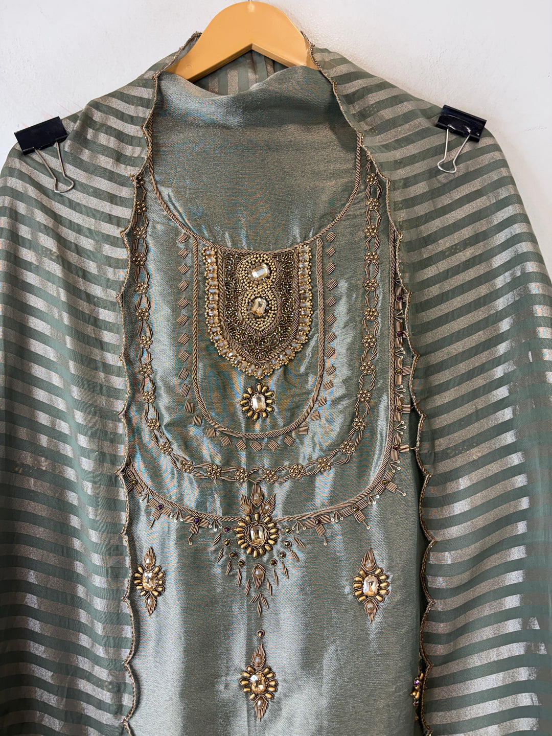 Meher – Mint Green Giraffe Tissue Dabka Kundan Suit