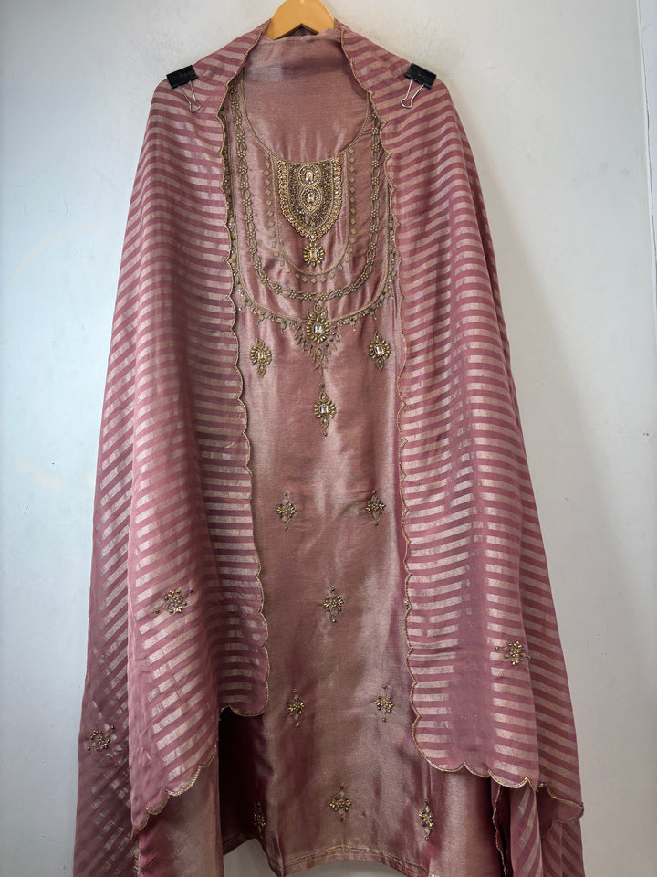Meher – Onion Pink Giraffe Tissue Dabka Kundan Suit