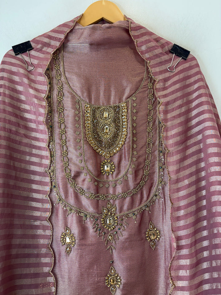 Meher – Onion Pink Giraffe Tissue Dabka Kundan Suit