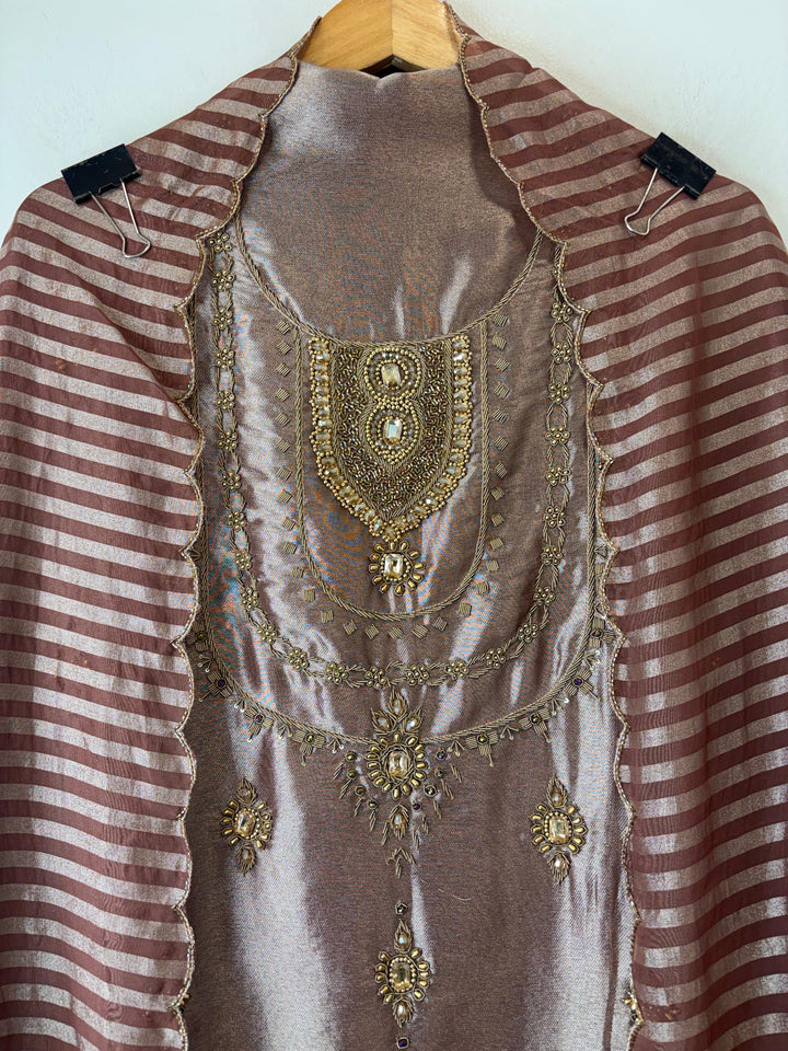 Meher – Mauve Pink Giraffe Tissue Dabka Kundan Suit