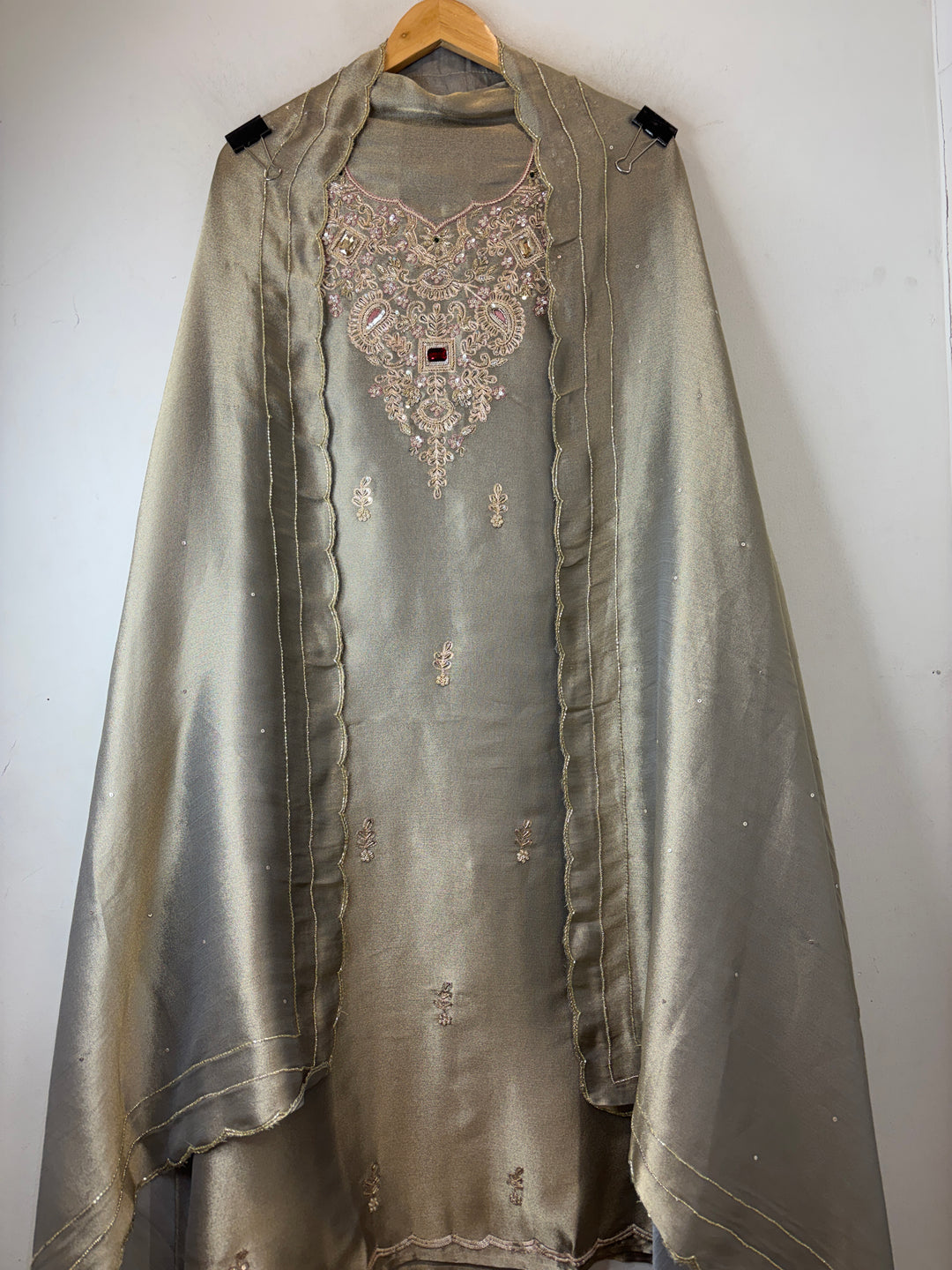 Greyish Olive green Pearl Cutdana Dabka Embellished Cocktail Suit