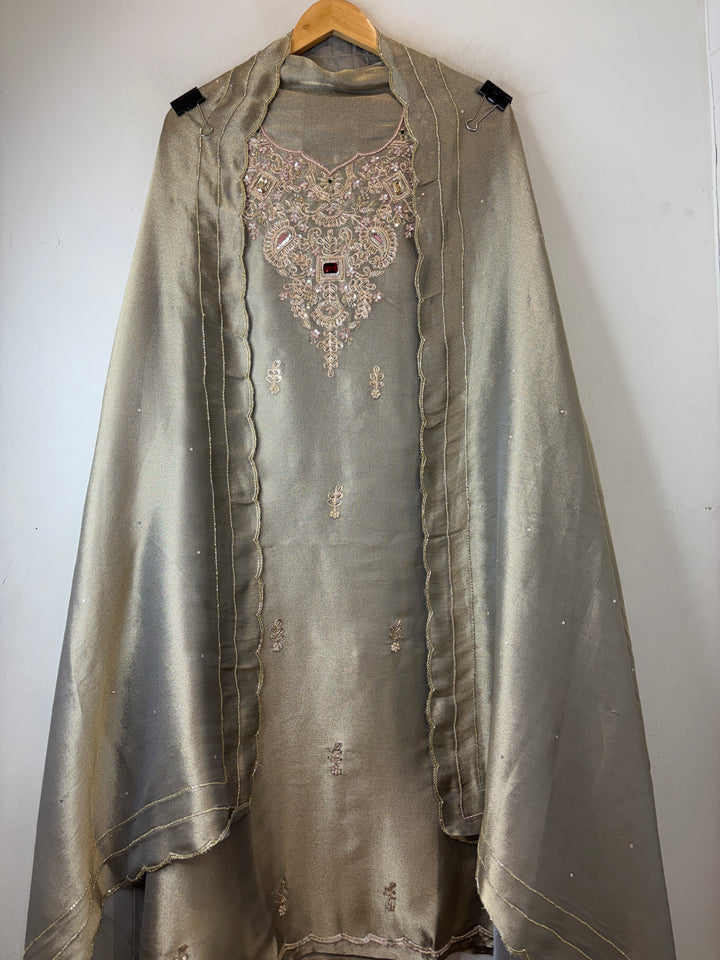 Greyish Olive green Pearl Cutdana Dabka Embellished Cocktail Suit