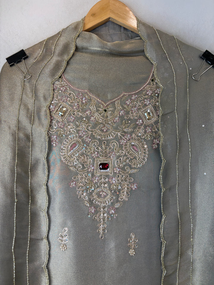 Greyish Olive green Pearl Cutdana Dabka Embellished Cocktail Suit