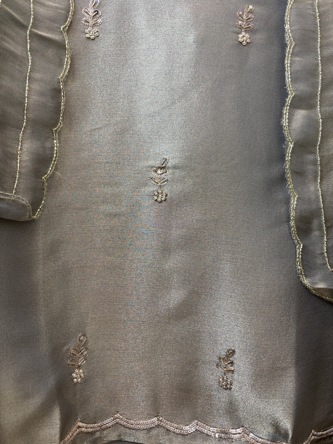 Greyish Olive green Pearl Cutdana Dabka Embellished Cocktail Suit