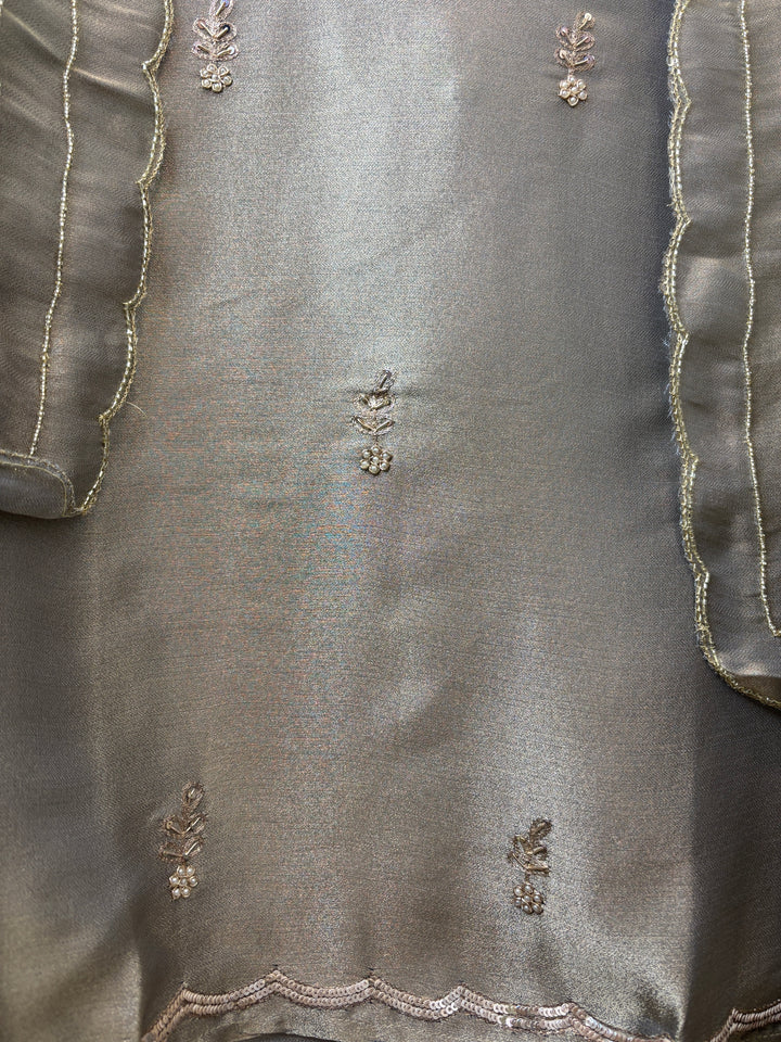 Greyish Olive green Pearl Cutdana Dabka Embellished Cocktail Suit