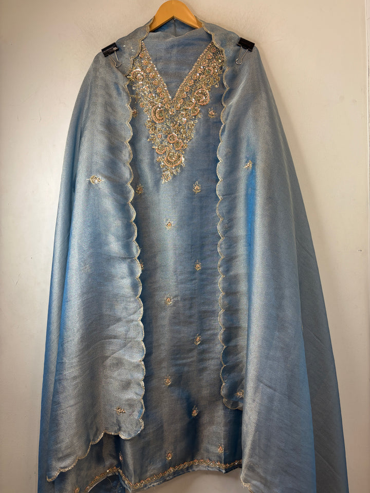 Alaya – Powder Blue Twill Kanjivaram Sequin Dabka Suit
