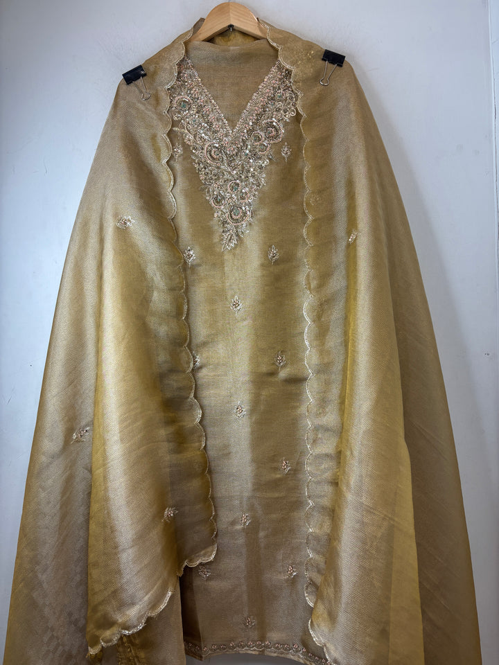 Alaya – Champagne Gold Twill Kanjivaram Sequin Dabka Suit
