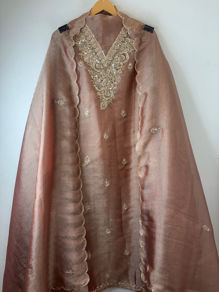 Alaya – Metallic Copper Peach Twill Kanjivaram Sequin Dabka Suit