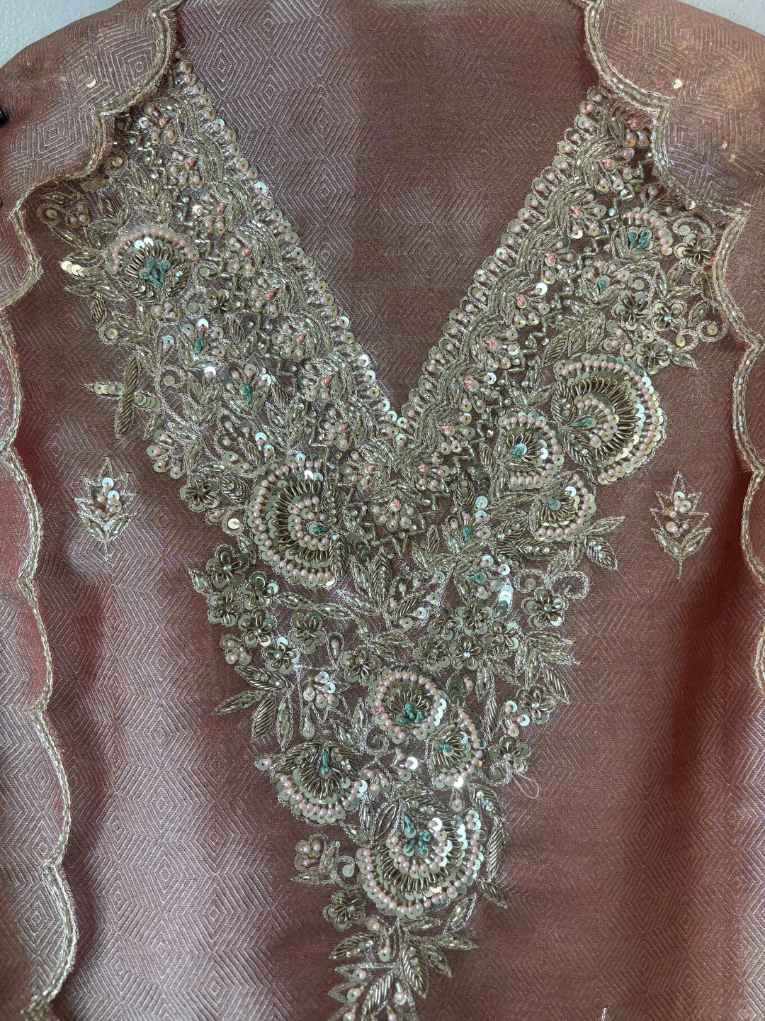 Alaya – Metallic Copper Peach Twill Kanjivaram Sequin Dabka Suit