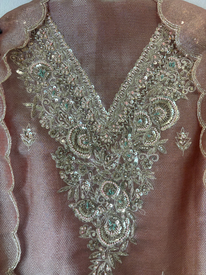 Alaya – Metallic Copper Peach Twill Kanjivaram Sequin Dabka Suit