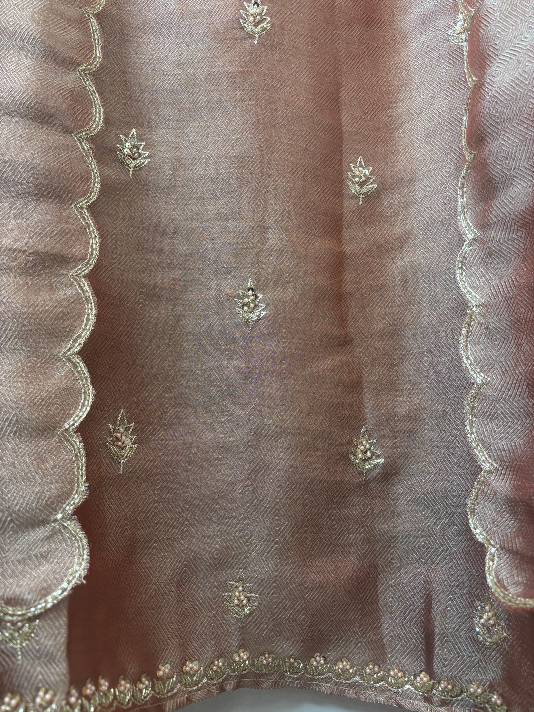 Alaya – Metallic Copper Peach Twill Kanjivaram Sequin Dabka Suit