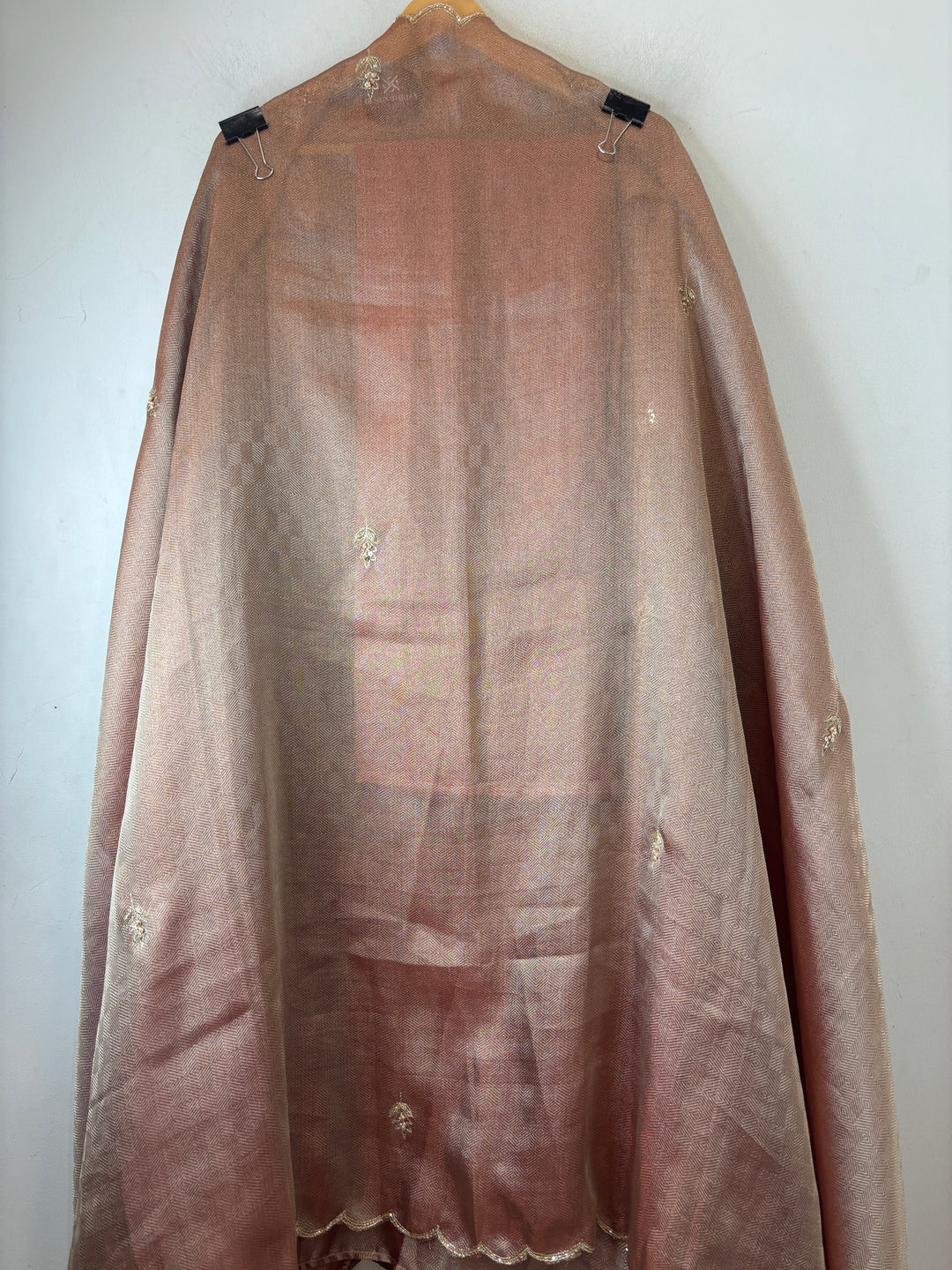 Alaya – Metallic Copper Peach Twill Kanjivaram Sequin Dabka Suit
