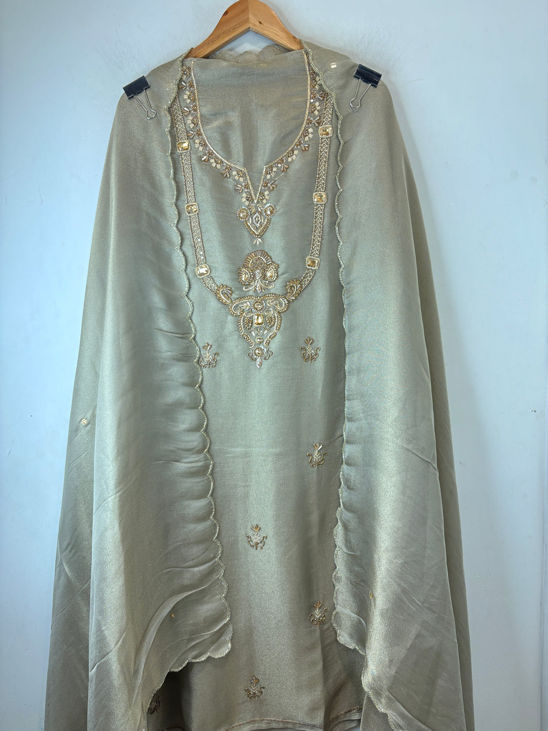Sage Green Cutdana Dabka Pearl Embellished Suit