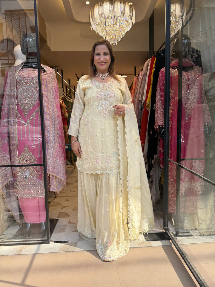 Zehvaya – Beige Chinon Cutdana Sharara Set
