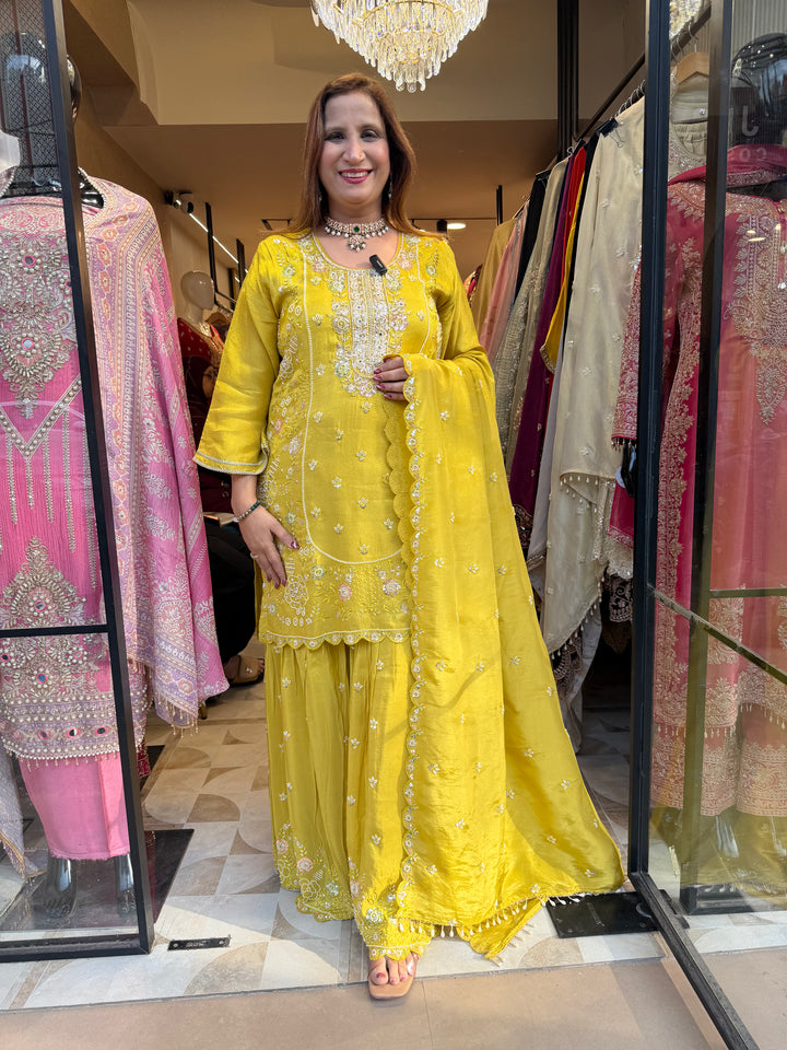 Zehvaya – Yellow Chinon Cutdana Sharara Set