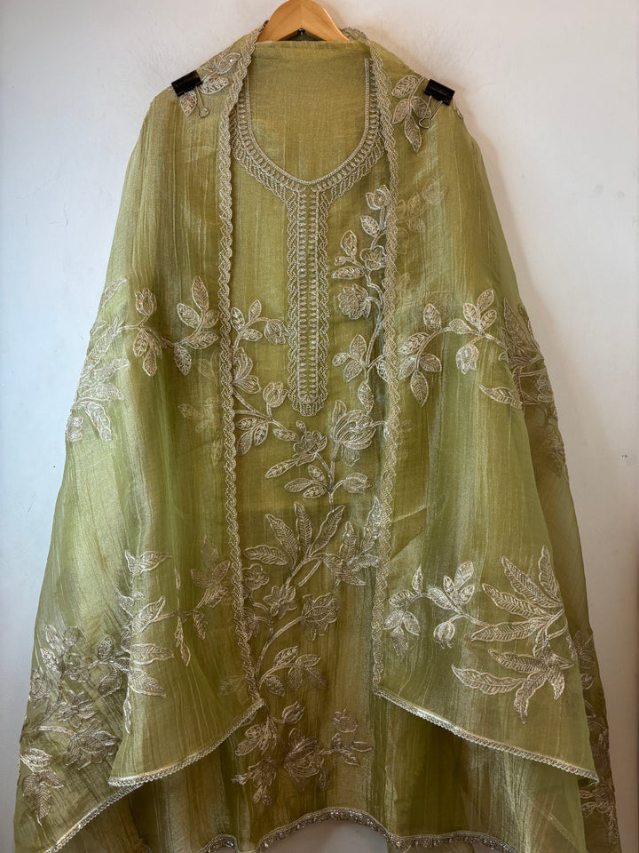 Alaya – Olive Green Crush Tissue Dori &amp; Sequin Suit