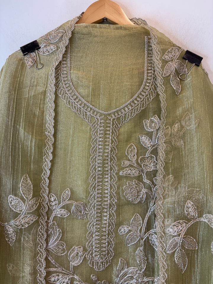 Alaya – Olive Green Crush Tissue Dori &amp; Sequin Suit