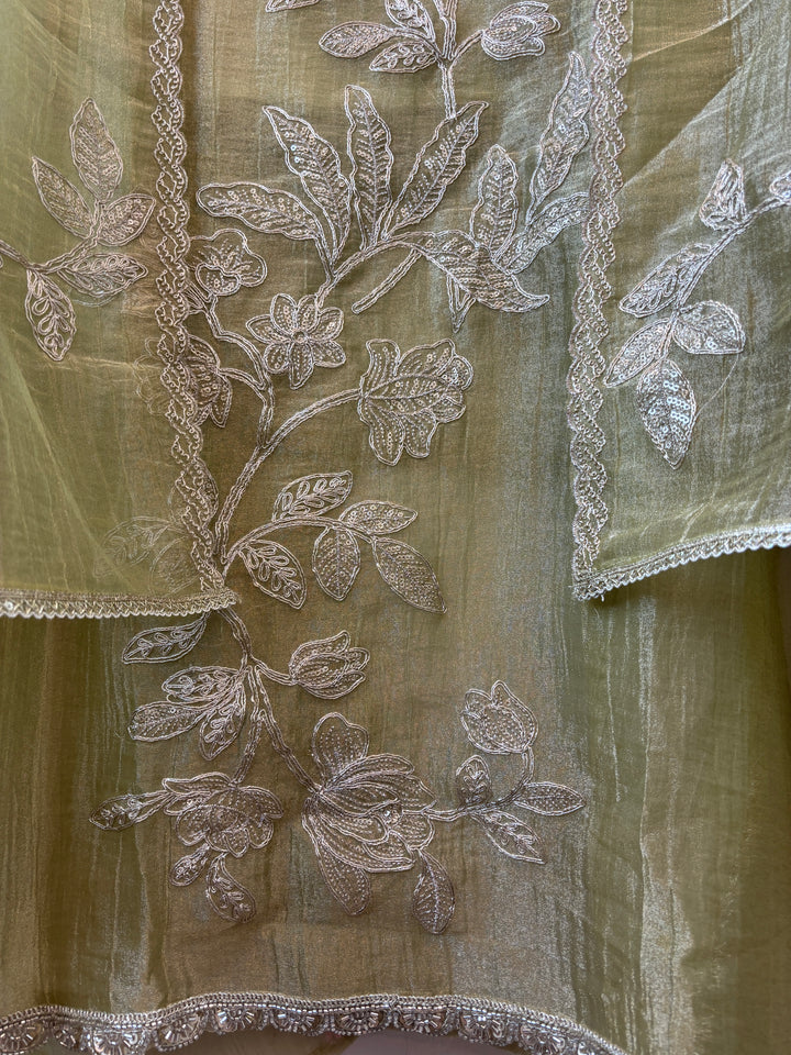 Alaya – Olive Green Crush Tissue Dori &amp; Sequin Suit