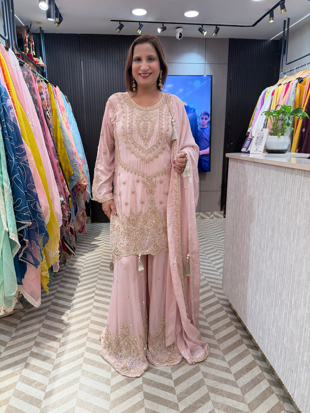 Baby Pink Luxury Chinon Sharara Ensemble