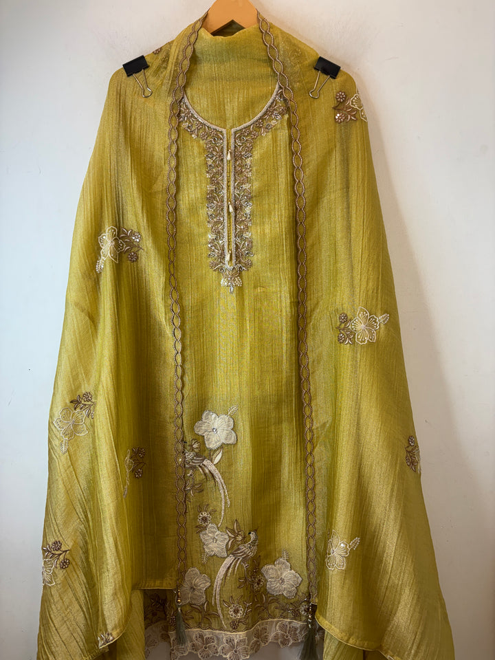 Yellowish Green Crush Tissue Thread Embroidery Suit DBPF202