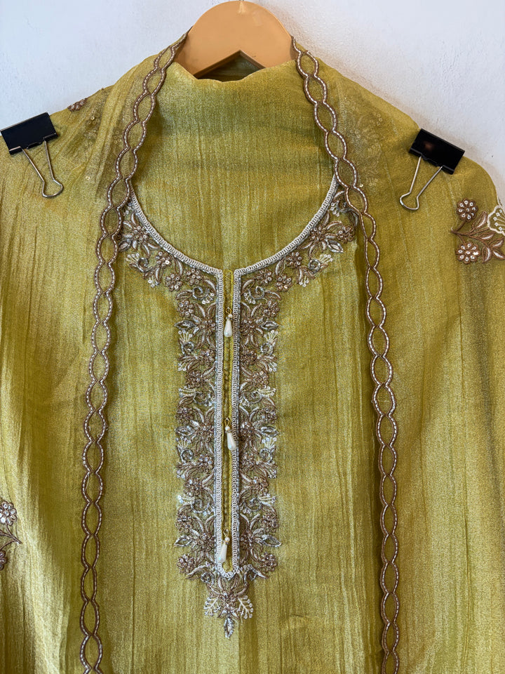 Yellowish Green Crush Tissue Thread Embroidery Suit DBPF202