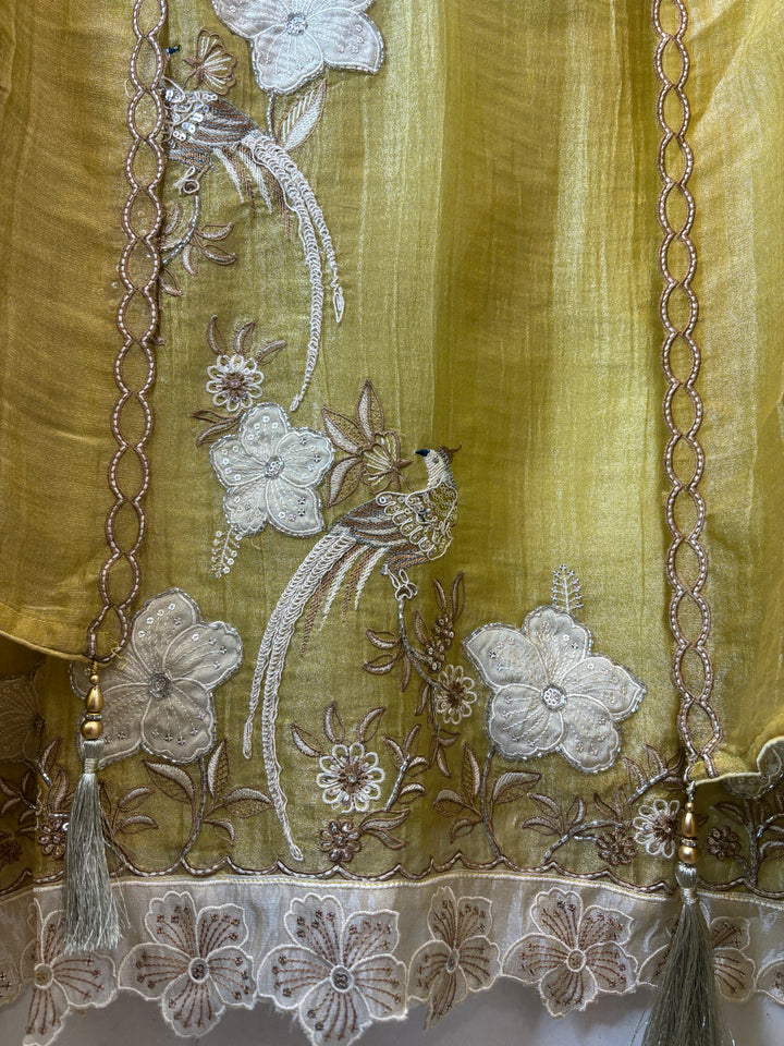 Yellowish Green Crush Tissue Thread Embroidery Suit DBPF202