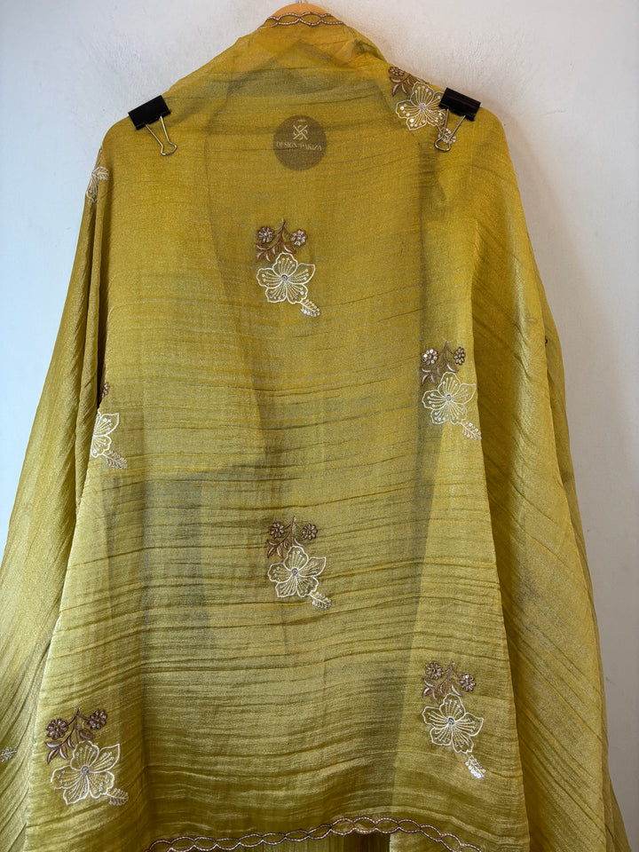 Yellowish Green Crush Tissue Thread Embroidery Suit DBPF202