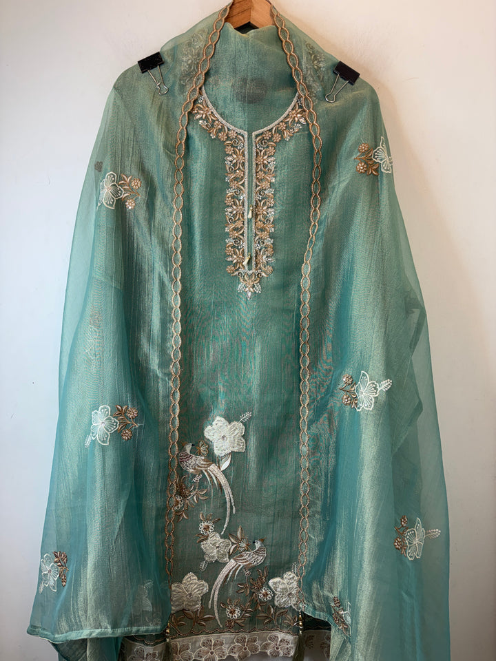 Green Crush Tissue Thread Embroidery Suit DBPF203