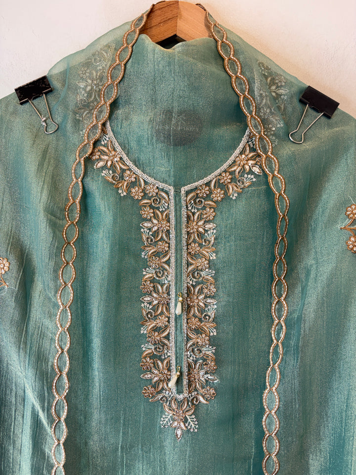 Green Crush Tissue Thread Embroidery Suit DBPF203