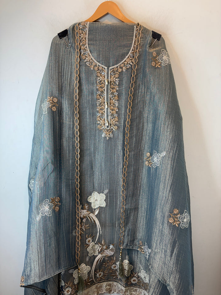 Greyish Blue Crush Tissue Thread Embroidery Suit DBPF204