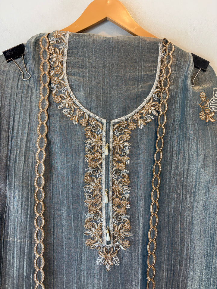 Greyish Blue Crush Tissue Thread Embroidery Suit DBPF204