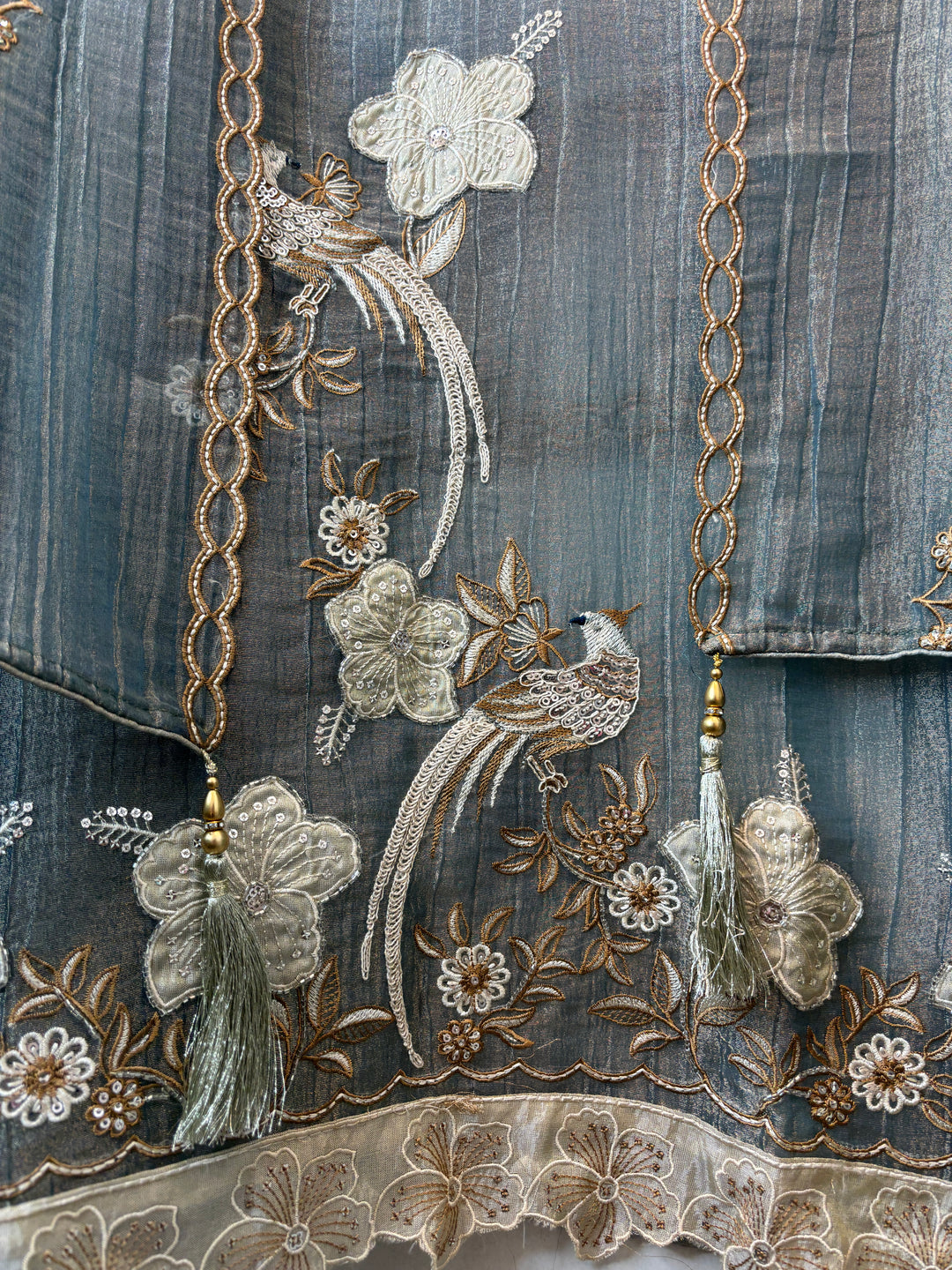 Greyish Blue Crush Tissue Thread Embroidery Suit DBPF204