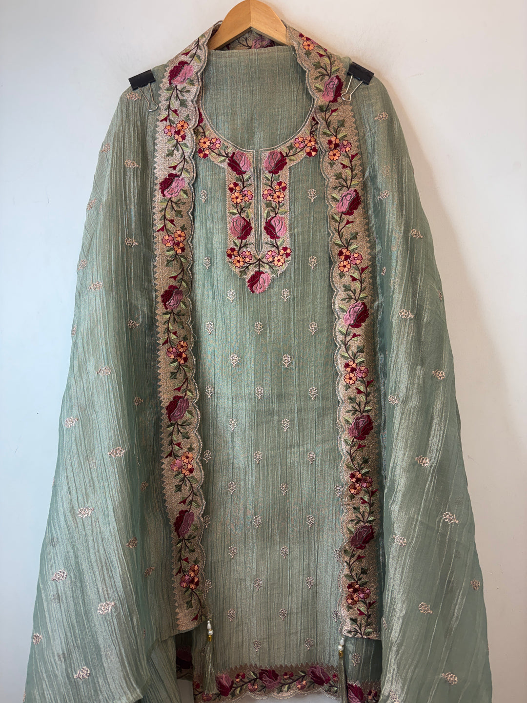 Sage Green Crush Tissue Zari Rose Embroidery Suit