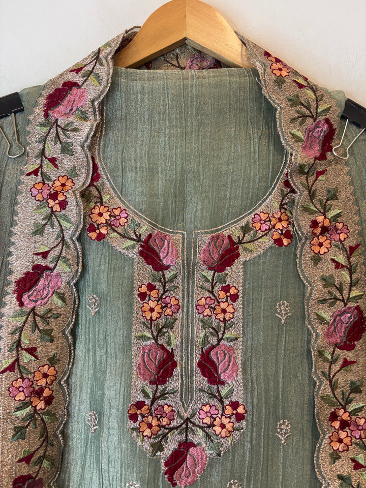Sage Green Crush Tissue Zari Rose Embroidery Suit
